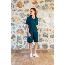 Doreanse Kadın Petrol Yeşili Gofret Kumaş Şort Gömlek Pijama Takımı 24Y4001