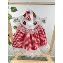 Minizade Kırmızı Pöti Kareli Kiraz Detaylı Saç Bantlı Yazlık Elbise