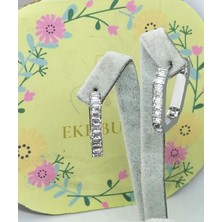 Eke Butik Çelik Oval Taşlı Küpe Beyaz Altın