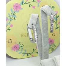 Eke Butik Çelik Oval Taşlı Küpe Beyaz Altın