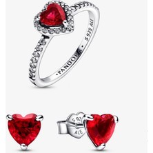 Poseidons Jewellery Işıltılı Kırmızı Kalp Yüzük ve Küpe Seti