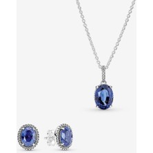 Poseidons Jewellery Tarz Işıltılı Büyük Taşlı Mavi Kolye ve Küpe Seti