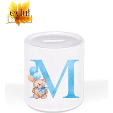 Eylül Design M Harfi Ayıcıklı Mavi Renkli Harf Özel Tasarım Baskılı Seramik Kumbara Açılabilir Kumbara