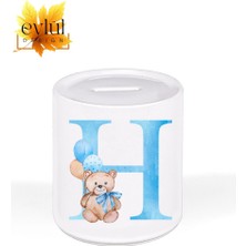 Eylül Design H Harfi Ayıcıklı Mavi Renkli Harf Özel Tasarım Baskılı Seramik Kumbara Açılabilir Kumbara