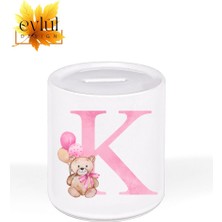 Eylül Design K Harfi Ayıcıklı Pembe Renkli Harf Özel Tasarım Baskılı Seramik Kumbara Açılabilir Kumbara