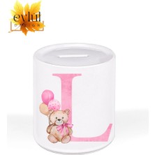 Eylül Design L Harfi Ayıcıklı Pembe Renkli Harf Özel Tasarım Baskılı Seramik Kumbara Açılabilir Kumbara