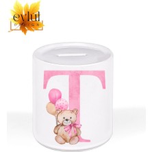 Eylül Design T Harfi Ayıcıklı Pembe Renkli Harf Özel Tasarım Baskılı Seramik Kumbara Açılabilir Kumbara