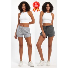 Comeor Kadın Yırtmaçlı Penye Kumaş Regular Fit Siyah-Gri Kısa Mini Günlük Şort