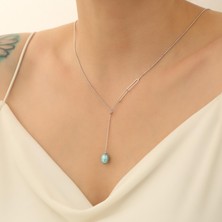Nox Jewelry 925 Ayar Gümüş Açık Mavi İncili Y Gümüş KolyeÇap:8mm - CNP00100