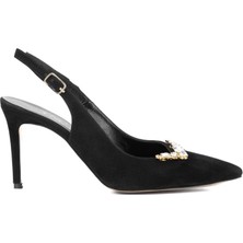 Tamer Tanca Kadın  Deri Siyah Süet Topuklu Ayakkabı 22 3265 Bn Ayk Y24 Sıyah Suet