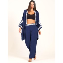 Keyifli Moda Kadın Lacivert Aplike Nakışlı Cepli Tunik Pantolon Ikili Takım