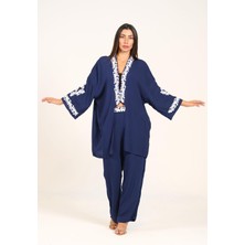 Keyifli Moda Kadın Lacivert Aplike Nakışlı Cepli Tunik Pantolon Ikili Takım