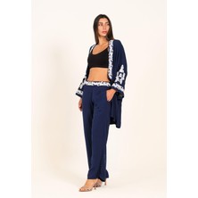 Keyifli Moda Kadın Lacivert Aplike Nakışlı Cepli Tunik Pantolon Ikili Takım