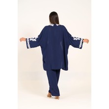 Keyifli Moda Kadın Lacivert Aplike Nakışlı Cepli Tunik Pantolon Ikili Takım