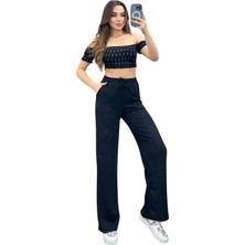 Yakamel Kadın Yüksel Bel Salaş Lastikli Dökümlü Palazzo Pantolon