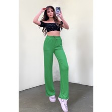 Yakamel Kadın Bol Paça Dokulu Cepli Palazzo Kumaş Pantolon