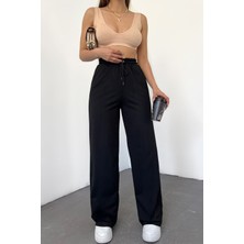 Yakamel Kadın Bol Paça Dokulu Cepli Palazzo Kumaş Pantolon