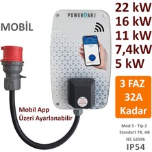 Powerşarj 22KW, 16KW, 11KW, 7,4kw, 5kw, 3,4kw Elektrikli Araç Mobil Şarj Cihazı. Mobil App Üzeri Ayarlanabilir Güç Seçenekleri ile Size Özel Güvenli ve Akıllı Şarj Çözümleri Sunar.