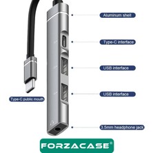 Forzacase 4in1 Type C + 3.5mm Jack + Çift USB Girişli Port Çoğaltıcı Hub Otg Adaptör - FC484