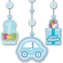 Markport 1 Yaş Temalı Asmalı Ip Süs Mavi Renk 3 Lü Set 12X45 cm