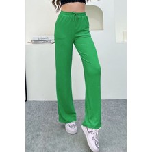 Yakamel Kadın Bol Paça Beli Lastikli Yüksek Bel Palazzo Pantolon Dokulu Cepli