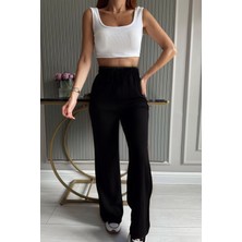 Yakamel Kadın Bol Paça Dokulu Cepli Palazzo Bürümcük Kumaş Pantolon