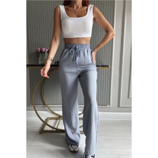 Yakamel Kadın Bol Paça Dokulu Cepli Palazzo Bürümcük Kumaş Pantolon