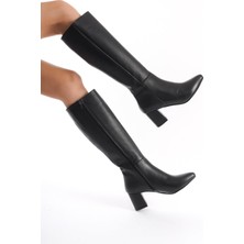 Modabuymus Sekom Siyah Deri Kalın Topuklu Kadın Çizme