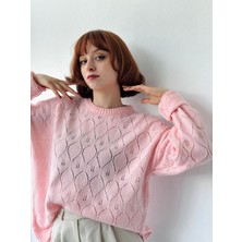 Retrobird Ajurlu Retro Desen Örme Basic Triko Kazak Kadın Pembe