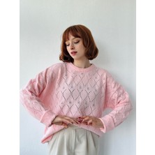 Retrobird Ajurlu Retro Desen Örme Basic Triko Kazak Kadın Pembe