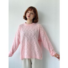 Retrobird Ajurlu Retro Desen Örme Basic Triko Kazak Kadın Pembe
