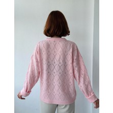 Retrobird Ajurlu Retro Desen Örme Basic Triko Kazak Kadın Pembe