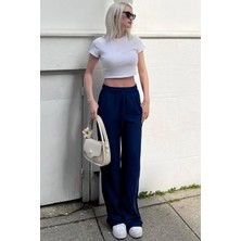 Yakamel Kadın Bol Paça Dokulu Cepli Palazzo Ispanyol Paça Kumaş Pantolon