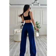 Yakamel Kadın Beli Lastikli Yazlık Dokulu Palazzo Pantolon