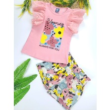 Butik Kız Çocuk Şort Tişort Ikili Takım Şort Dokuma Kumaş Tişort Fırfırlı Kol