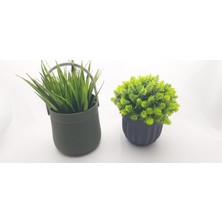 2 Adet Dekoratif ve Şık Plastik Saksıda Yapay Çimen ve Top Çiçeği