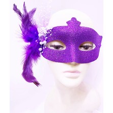 Markport Sim Işlemeli Inci Boncuk Detaylı Tüylü Balo Maskesi Mor Renk 13X18 cm