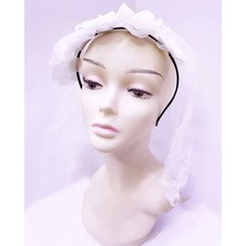 Markport Uzun Duvaklı Üstü Beyaz Çiçekli Parti Tacı