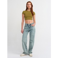 Dilvin 30936 Vücuda Oturan Crop Top-Haki