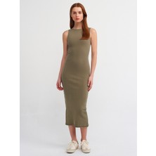 Dilvin 90891 Yıkama Efektli Kolsuz Uzun Elbise-Haki