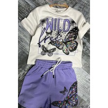 Riccotarz Kız Çocuk Kelebek ve Yazı Baskılı Penye Mor Şortlu Takım