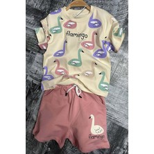 Riccotarz Kız Çocuk Flamingo Baskılı Kısa Kollu Pudra Şortlu Takım