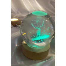 Rahan 3D LED Işık Cam Küre Çok Işıklı Ahşap Geyik 7 cm