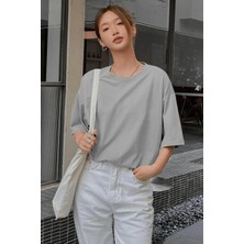 Yakamel Kadın Oversize Penye Kısa Kollu T-Shirt