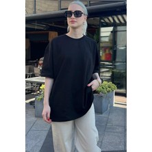Yakamel Kadın Oversize Penye Kısa Kollu T-Shirt