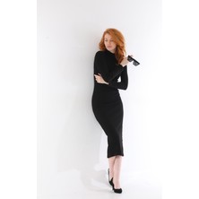 Kallima Kadın Siyah Yarım Balıkçı Yaka Kalem Model Kaşkorse Uzun Kollu Elbise Boy 130 Cm