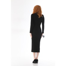 Kallima Kadın Siyah Yarım Balıkçı Yaka Kalem Model Kaşkorse Uzun Kollu Elbise Boy 130 Cm