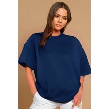 Yakamel Kadın Oversize Kısa Kollu Penye T-Shirt