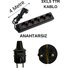 Avarson (5'li) Beşli Priz Topraklı Kablolu Siyah (3x1,5 Ttr) 4 (Dört) Metre