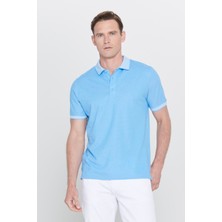 AC&Co / Altınyıldız Classics Erkek Çekmeyen Pamuklu Kumaş Slim Fit Dar Kesim Mavi Kıvrılmaz Polo Yaka Tişört